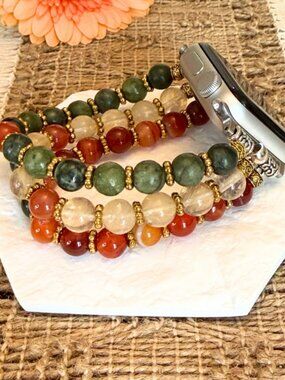 Apple Watch Band 42/44mm Green Jade Citrine Carnelian Crystal Stainless Bracelet